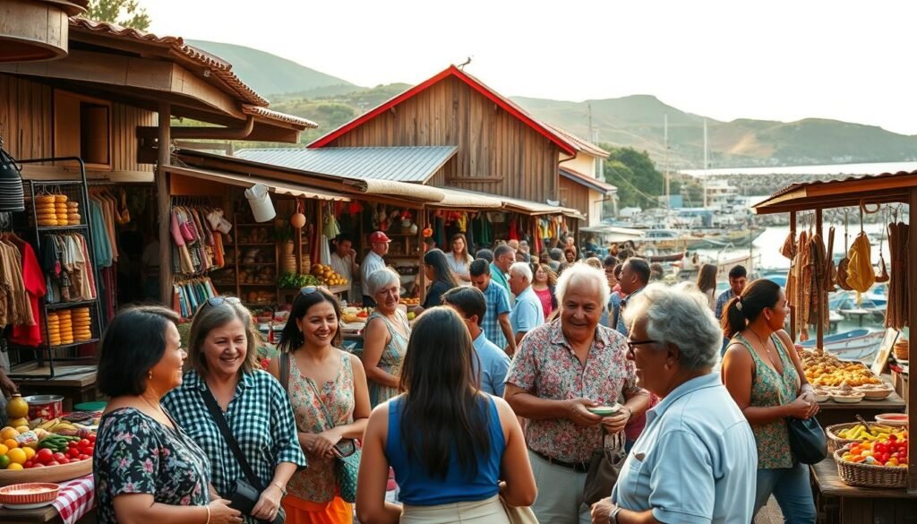 A bustling local market in a quaint coastal village, teeming with vibrant stalls showcasing an array of handcrafted goods, fresh produce, and traditional culinary delights. In the foreground, a group of smiling locals engage in lively conversations, sharing stories and traditions with curious visitors. The middle ground features a mix of weathered wooden structures and colorful textiles, casting a warm, inviting glow under the soft, natural lighting. In the background, rolling hills and a picturesque harbor set the stage for a harmonious integration of the local community and the natural environment, embodying the principles of sustainable tourism. A bustling local market in a quaint coastal village, teeming with vibrant stalls showcasing an array of handcrafted goods, fresh produce, and traditional culinary delights. In the foreground, a group of smiling locals engage in lively conversations, sharing stories and traditions with curious visitors. The middle ground features a mix of weathered wooden structures and colorful textiles, casting a warm, inviting glow under the soft, natural lighting. In the background, rolling hills and a picturesque harbor set the stage for a harmonious integration of the local community and the natural environment, embodying the principles of sustainable tourism.