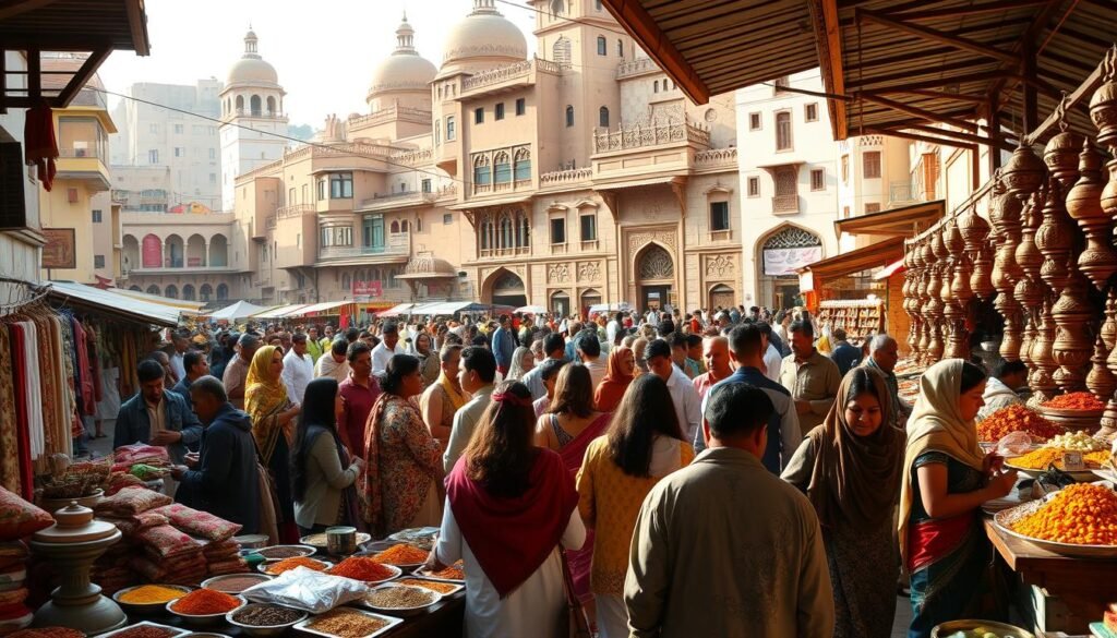A bustling marketplace in a vibrant, culturally diverse city. In the foreground, artisans showcase their handcrafted wares - colorful textiles, intricate carvings, and fragrant spices. In the middle ground, groups of people from different backgrounds engage in lively discussions, exchanging stories and traditions. The background is a tapestry of architectural marvels, blending modern and ancient styles, reflecting the rich heritage of the region. Warm, natural lighting filters through the scene, creating a sense of harmony and cultural exchange. The atmosphere is one of curiosity, respect, and a shared appreciation for the diversity of human experiences. Travel Experiences : A bustling marketplace in a vibrant, culturally diverse city. In the foreground, artisans showcase their handcrafted wares - colorful textiles, intricate carvings, and fragrant spices. In the middle ground, groups of people from different backgrounds engage in lively discussions, exchanging stories and traditions. The background is a tapestry of architectural marvels, blending modern and ancient styles, reflecting the rich heritage of the region. Warm, natural lighting filters through the scene, creating a sense of harmony and cultural exchange. The atmosphere is one of curiosity, respect, and a shared appreciation for the diversity of human experiences.