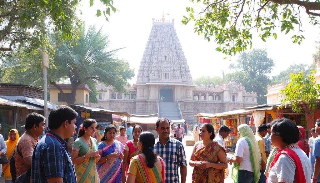 A bustling village square, sunlight filtering through the canopy of trees. In the foreground, a group of local residents engages in lively conversation with a small team of volunteers, sharing stories and cultural traditions. The middle ground reveals a colorful marketplace, stalls brimming with handcrafted wares and the aroma of spices. In the background, a historic temple stands tall, its intricate architecture a testament to the region's rich heritage. The scene radiates a sense of genuine cultural exchange, the volunteers fully immersed in the vibrant local experience. A bustling village square, sunlight filtering through the canopy of trees. In the foreground, a group of local residents engages in lively conversation with a small team of volunteers, sharing stories and cultural traditions. The middle ground reveals a colorful marketplace, stalls brimming with handcrafted wares and the aroma of spices. In the background, a historic temple stands tall, its intricate architecture a testament to the region's rich heritage. The scene radiates a sense of genuine cultural exchange, the volunteers fully immersed in the vibrant local experience.
