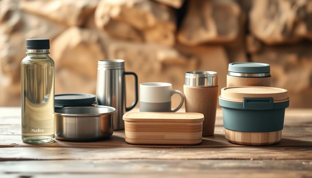 A collection of sleek, eco-friendly travel containers arranged on a rustic wooden table, illuminated by soft, natural lighting. In the foreground, a reusable glass water bottle, a stainless steel bento box, and a bamboo fiber food container sit neatly side by side. In the middle ground, a ceramic mug and a insulated tumbler stand, complementing the sustainable materials. The background features a blurred, earthy backdrop, hinting at the outdoors and the adventurous spirit of the conscious traveler. The overall scene exudes a sense of mindfulness, practicality, and environmental consciousness. A collection of sleek, eco-friendly travel containers arranged on a rustic wooden table, illuminated by soft, natural lighting. In the foreground, a reusable glass water bottle, a stainless steel bento box, and a bamboo fiber food container sit neatly side by side. In the middle ground, a ceramic mug and a insulated tumbler stand, complementing the sustainable materials. The background features a blurred, earthy backdrop, hinting at the outdoors and the adventurous spirit of the conscious traveler. The overall scene exudes a sense of mindfulness, practicality, and environmental consciousness.