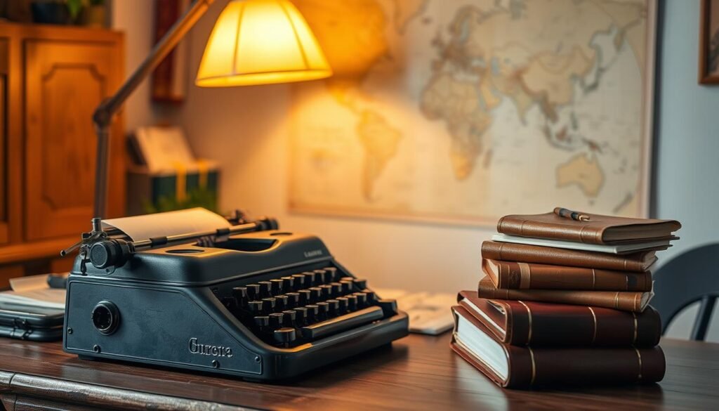 A cozy home office with a desk, a vintage typewriter, and a stack of leather-bound journals. The warm glow of a desk lamp illuminates the space, casting a soft, contemplative atmosphere. In the background, a world map on the wall hints at the writer's adventurous spirit and the inspirations drawn from their travels. The scene conveys the act of crafting compelling travel narratives, where the writer's voice and unique perspective come together to captivate the reader. A cozy home office with a desk, a vintage typewriter, and a stack of leather-bound journals. The warm glow of a desk lamp illuminates the space, casting a soft, contemplative atmosphere. In the background, a world map on the wall hints at the writer's adventurous spirit and the inspirations drawn from their travels. The scene conveys the act of crafting compelling travel narratives, where the writer's voice and unique perspective come together to captivate the reader.