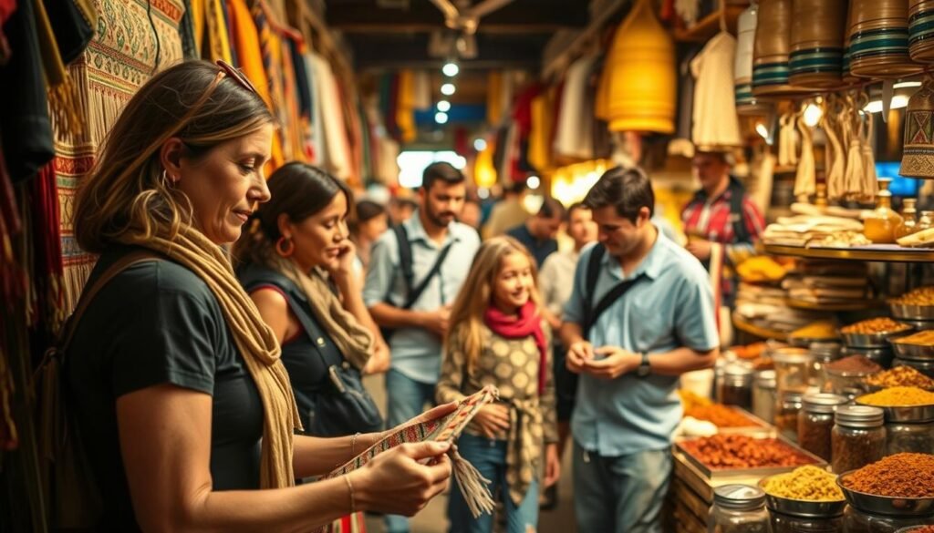 A diverse group of travelers exploring a vibrant cultural market, with an emphasis on respectful engagement and appreciation. Warm, diffused lighting illuminates a colorful array of textiles, handicrafts, and spices. In the foreground, a woman carefully examines a handwoven tapestry, her expression one of thoughtful consideration. In the middle ground, a family pauses to interact with a local artisan, their body language conveying openness and curiosity. In the background, a bustling scene of vendors and shoppers, all contributing to a sense of cultural immersion. The overall atmosphere is one of cultural sensitivity, where travelers mindfully experience and learn from the host community. A diverse group of travelers exploring a vibrant cultural market, with an emphasis on respectful engagement and appreciation. Warm, diffused lighting illuminates a colorful array of textiles, handicrafts, and spices. In the foreground, a woman carefully examines a handwoven tapestry, her expression one of thoughtful consideration. In the middle ground, a family pauses to interact with a local artisan, their body language conveying openness and curiosity. In the background, a bustling scene of vendors and shoppers, all contributing to a sense of cultural immersion. The overall atmosphere is one of cultural sensitivity, where travelers mindfully experience and learn from the host community.