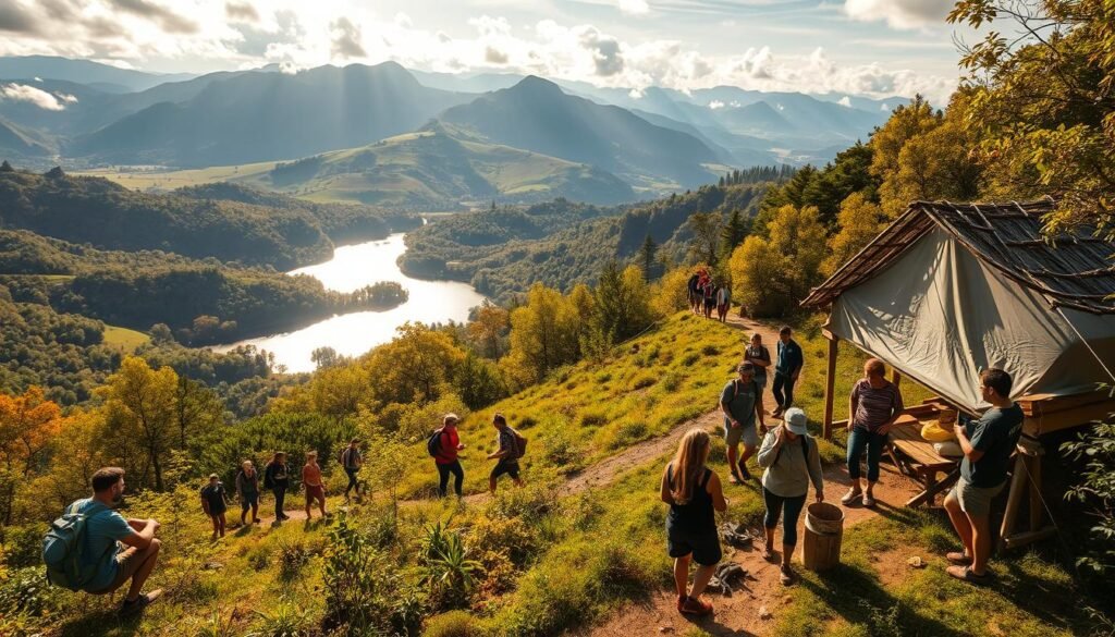 A group of eco-conscious adventurers exploring a lush, verdant landscape. In the foreground, a diverse team of volunteers working together to build a sustainable shelter using natural materials. In the middle ground, hikers traversing a winding trail, taking in the breathtaking vistas of rolling hills and towering peaks. In the background, a shimmering lake reflects the vibrant colors of the surrounding foliage, bathed in warm, golden sunlight filtering through wispy clouds. The scene conveys a sense of harmony between humans and nature, where the joy of exploration is balanced with the responsibility of environmental stewardship. sustainable-travel-tales : A group of eco-conscious adventurers exploring a lush, verdant landscape. In the foreground, a diverse team of volunteers working together to build a sustainable shelter using natural materials. In the middle ground, hikers traversing a winding trail, taking in the breathtaking vistas of rolling hills and towering peaks. In the background, a shimmering lake reflects the vibrant colors of the surrounding foliage, bathed in warm, golden sunlight filtering through wispy clouds. The scene conveys a sense of harmony between humans and nature, where the joy of exploration is balanced with the responsibility of environmental stewardship.