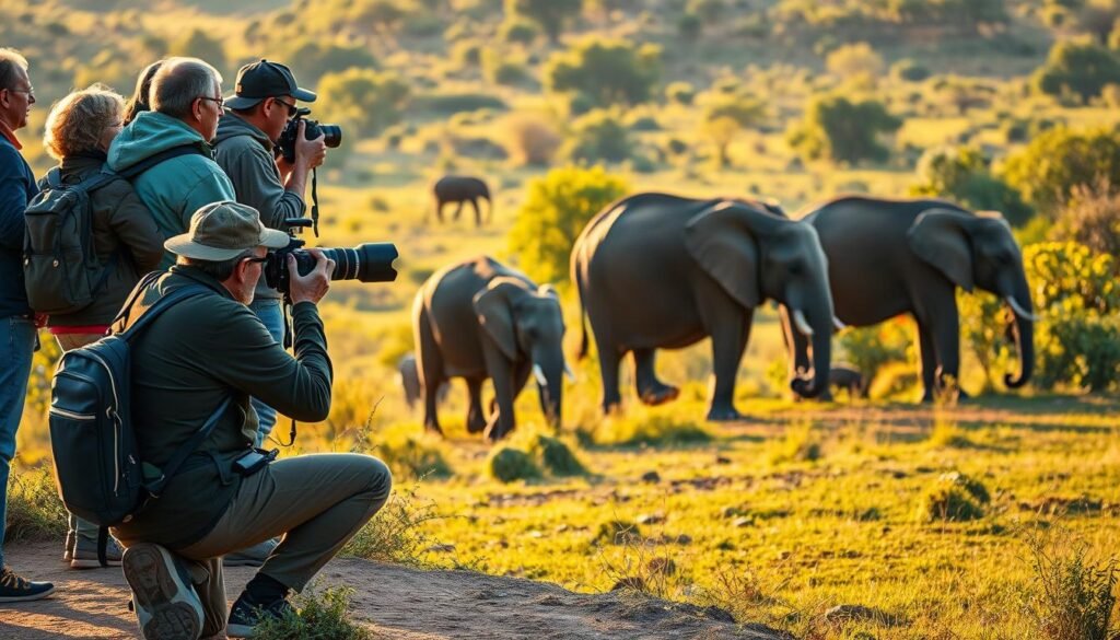 A group of tourists equipped with professional camera gear, carefully observing a herd of elephants grazing in their natural habitat. The scene is bathed in warm, golden light, creating a serene and immersive atmosphere. In the foreground, a photographer kneels, framing the majestic animals through a telephoto lens, while their companions stand nearby, admiring the wildlife. The background is a lush, verdant landscape, dotted with trees and shrubs, conveying a sense of balance and harmony between the humans and the ecosystem. The overall impression is one of responsible, educational, and awe-inspiring wildlife tourism, where the needs of the animals and the environment are prioritized. Ethical Wildlife Tours :A group of tourists equipped with professional camera gear, carefully observing a herd of elephants grazing in their natural habitat. The scene is bathed in warm, golden light, creating a serene and immersive atmosphere. In the foreground, a photographer kneels, framing the majestic animals through a telephoto lens, while their companions stand nearby, admiring the wildlife. The background is a lush, verdant landscape, dotted with trees and shrubs, conveying a sense of balance and harmony between the humans and the ecosystem. The overall impression is one of responsible, educational, and awe-inspiring wildlife tourism, where the needs of the animals and the environment are prioritized.