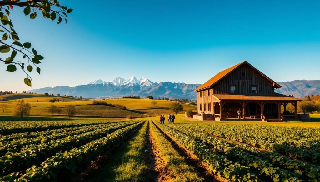 A lush, rolling countryside dotted with verdant fields and orchards. In the foreground, a rustic farmhouse with a wraparound porch, its weathered timber framing bathed in warm, golden sunlight. Flanking the house, neat rows of crops sway gently in a soft breeze, their leaves and stems casting intricate shadows on the fertile soil. In the middle ground, a family of farmers tend to their livestock, their movements unhurried and graceful. Towering mountains rise in the distance, their snowcapped peaks cutting into a brilliant azure sky. The scene exudes a sense of tranquility and harmony, inviting the viewer to experience the rhythm and bounty of the land. A lush, rolling countryside dotted with verdant fields and orchards. In the foreground, a rustic farmhouse with a wraparound porch, its weathered timber framing bathed in warm, golden sunlight. Flanking the house, neat rows of crops sway gently in a soft breeze, their leaves and stems casting intricate shadows on the fertile soil. In the middle ground, a family of farmers tend to their livestock, their movements unhurried and graceful. Towering mountains rise in the distance, their snowcapped peaks cutting into a brilliant azure sky. The scene exudes a sense of tranquility and harmony, inviting the viewer to experience the rhythm and bounty of the land.