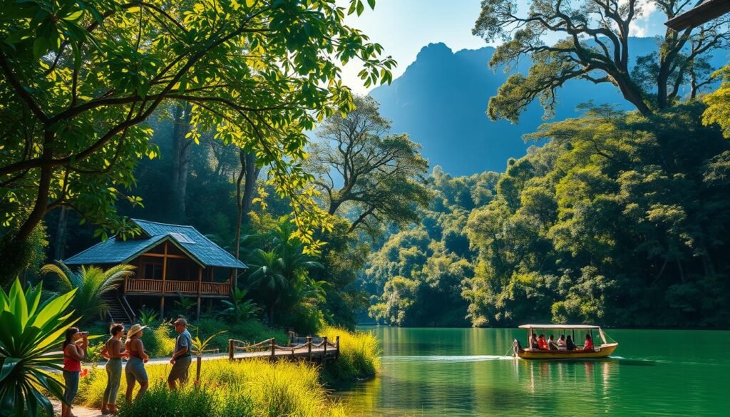 A lush, verdant eco-lodge nestled within a vibrant rainforest canopy. Sunlight filters through the leaves, casting a warm, golden glow on the sustainable bamboo structures and organic gardens below. In the foreground, a group of eco-tourists engage in low-impact activities like birdwatching and hiking trails, while in the middle ground, a small, solar-powered boat transports visitors across a serene, crystal-clear lake. The background features towering, ancient trees and a dramatic mountain silhouette, conveying a sense of harmony between nature and responsible tourism. A lush, verdant eco-lodge nestled within a vibrant rainforest canopy. Sunlight filters through the leaves, casting a warm, golden glow on the sustainable bamboo structures and organic gardens below. In the foreground, a group of eco-tourists engage in low-impact activities like birdwatching and hiking trails, while in the middle ground, a small, solar-powered boat transports visitors across a serene, crystal-clear lake. The background features towering, ancient trees and a dramatic mountain silhouette, conveying a sense of harmony between nature and responsible tourism.