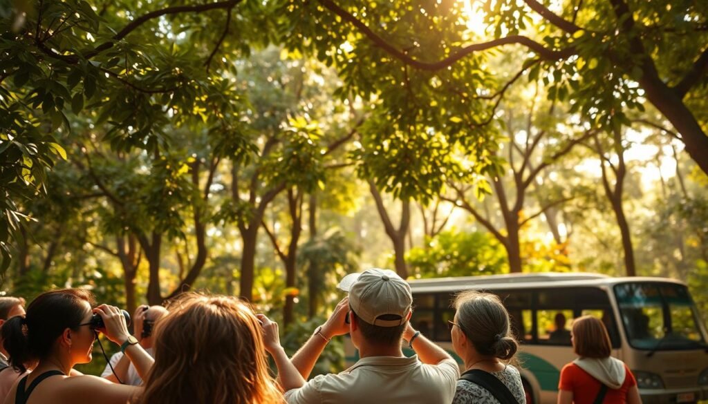 A lush, verdant forest canopy, sunlight filtering through the leaves, casting a warm, golden glow. In the foreground, a group of eco-tourists, binoculars in hand, observing the diverse wildlife around them with awe and reverence. In the middle ground, a wildlife conservation ranger, educating the group about the importance of preserving the delicate ecosystem. In the background, a traditional tourist bus, a stark contrast to the sustainable practices of ecotourism. The scene conveys a sense of harmony between nature and responsible travel, highlighting the crucial balance between exploration and conservation. A lush, verdant forest canopy, sunlight filtering through the leaves, casting a warm, golden glow. In the foreground, a group of eco-tourists, binoculars in hand, observing the diverse wildlife around them with awe and reverence. In the middle ground, a wildlife conservation ranger, educating the group about the importance of preserving the delicate ecosystem. In the background, a traditional tourist bus, a stark contrast to the sustainable practices of ecotourism. The scene conveys a sense of harmony between nature and responsible travel, highlighting the crucial balance between exploration and conservation.