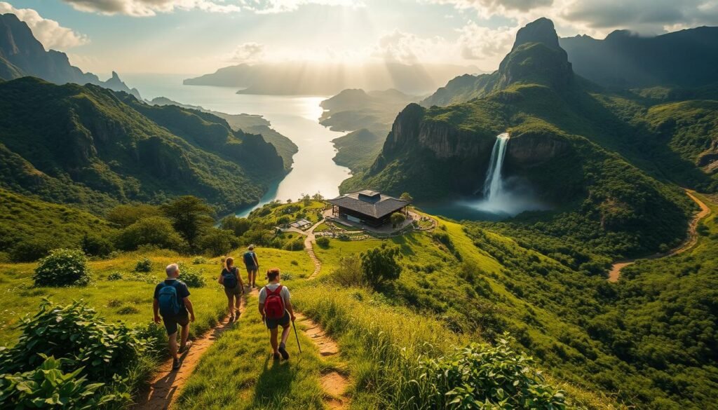 A lush, verdant landscape dotted with towering mountains and pristine bodies of water. In the foreground, a group of eco-conscious travelers explore a serene hiking trail, their footsteps barely leaving a trace. The middle ground features a sprawling eco-lodge constructed with sustainable materials, blending seamlessly into the natural surroundings. In the distance, a shimmering waterfall cascades over rugged cliffs, its mist creating a rainbow-hued mist. The scene is bathed in warm, golden sunlight, highlighting the vibrant colors of the foliage and the tranquil ambiance of the setting. An aerial, wide-angle lens captures the harmony between human and nature, showcasing the beauty and importance of responsible ecotourism in addressing climate change. A lush, verdant landscape dotted with towering mountains and pristine bodies of water. In the foreground, a group of eco-conscious travelers explore a serene hiking trail, their footsteps barely leaving a trace. The middle ground features a sprawling eco-lodge constructed with sustainable materials, blending seamlessly into the natural surroundings. In the distance, a shimmering waterfall cascades over rugged cliffs, its mist creating a rainbow-hued mist. The scene is bathed in warm, golden sunlight, highlighting the vibrant colors of the foliage and the tranquil ambiance of the setting. An aerial, wide-angle lens captures the harmony between human and nature, showcasing the beauty and importance of responsible ecotourism in addressing climate change.