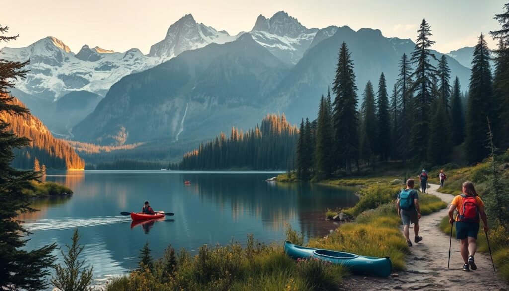 A lush, verdant landscape with towering mountains in the distance, their peaks capped with pristine snow. In the foreground, a serene, crystalline lake reflects the beauty of the surrounding wilderness. Kayakers glide gracefully across the water, immersed in the tranquility of their eco-friendly adventure. Nearby, a group of hikers explore a well-marked trail, their backpacks and hiking gear indicative of their commitment to sustainable travel. Warm, natural lighting filters through the canopy of ancient, towering trees, casting a gentle glow over the entire scene. The overall atmosphere exudes a sense of harmony and respect for the natural world. A lush, verdant landscape with towering mountains in the distance, their peaks capped with pristine snow. In the foreground, a serene, crystalline lake reflects the beauty of the surrounding wilderness. Kayakers glide gracefully across the water, immersed in the tranquility of their eco-friendly adventure. Nearby, a group of hikers explore a well-marked trail, their backpacks and hiking gear indicative of their commitment to sustainable travel. Warm, natural lighting filters through the canopy of ancient, towering trees, casting a gentle glow over the entire scene. The overall atmosphere exudes a sense of harmony and respect for the natural world.
