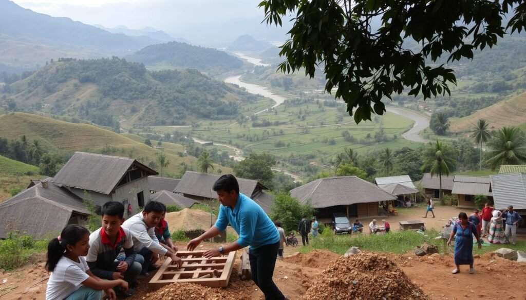A peaceful village nestled in rolling hills, its residents engaged in acts of compassion. In the foreground, a group of volunteers work together to build a new school, their faces alight with purpose. The middle ground reveals a bustling marketplace, where local artisans sell handcrafted wares, supporting their community. In the distance, a lush landscape of verdant forests and winding rivers invites exploration, beckoning visitors to immerse themselves in the region's natural beauty. Soft, diffused lighting imbues the scene with a sense of warmth and serenity, capturing the essence of a transformative, philanthropic journey. A peaceful village nestled in rolling hills, its residents engaged in acts of compassion. In the foreground, a group of volunteers work together to build a new school, their faces alight with purpose. The middle ground reveals a bustling marketplace, where local artisans sell handcrafted wares, supporting their community. In the distance, a lush landscape of verdant forests and winding rivers invites exploration, beckoning visitors to immerse themselves in the region's natural beauty. Soft, diffused lighting imbues the scene with a sense of warmth and serenity, capturing the essence of a transformative, philanthropic journey.