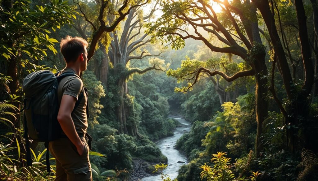 A rugged adventurer stands at the edge of a lush, verdant rainforest, backpack and hiking gear at the ready. Dappled sunlight filters through the canopy, casting a warm, earthy glow over the scene. In the middle ground, a winding river snakes through the undergrowth, its surface rippling with the gentle current. Towering, ancient trees stretch up towards the sky, their branches heavy with vines and vibrant foliage. The atmosphere is one of exploration and discovery, a sense of anticipation and wonder for the untamed wilderness that lies ahead. A rugged adventurer stands at the edge of a lush, verdant rainforest, backpack and hiking gear at the ready. Dappled sunlight filters through the canopy, casting a warm, earthy glow over the scene. In the middle ground, a winding river snakes through the undergrowth, its surface rippling with the gentle current. Towering, ancient trees stretch up towards the sky, their branches heavy with vines and vibrant foliage. The atmosphere is one of exploration and discovery, a sense of anticipation and wonder for the untamed wilderness that lies ahead.
