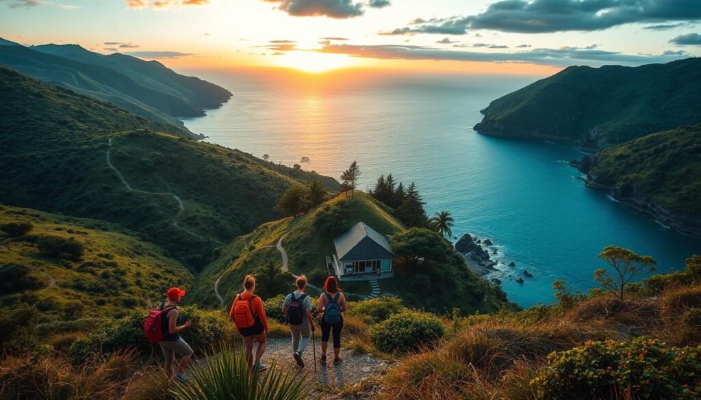A serene coastal landscape with lush green hills, winding trails, and crystal-clear waters. In the foreground, a group of hikers admire the natural beauty, dressed in eco-friendly attire. The middle ground features a small, sustainably-built eco-lodge nestled among the trees, its design in harmony with the surrounding environment. In the background, a vibrant sunset casts a warm glow over the scene, accentuating the tranquility and sustainability of the ecotourism destination. The image is captured with a wide-angle lens, emphasizing the expansive, yet intimate, feel of the setting. The overall mood is one of relaxation, connection with nature, and a sense of environmental responsibility. A serene coastal landscape with lush green hills, winding trails, and crystal-clear waters. In the foreground, a group of hikers admire the natural beauty, dressed in eco-friendly attire. The middle ground features a small, sustainably-built eco-lodge nestled among the trees, its design in harmony with the surrounding environment. In the background, a vibrant sunset casts a warm glow over the scene, accentuating the tranquility and sustainability of the ecotourism destination. The image is captured with a wide-angle lens, emphasizing the expansive, yet intimate, feel of the setting. The overall mood is one of relaxation, connection with nature, and a sense of environmental responsibility.