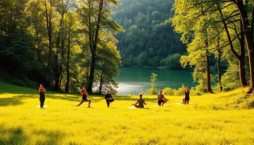 A serene meadow nestled in a lush, verdant forest. In the foreground, a group of people engage in mindful activities - yoga poses, meditation, and gentle hiking through the winding trails. Warm, golden sunlight filters through the canopy, casting a tranquil glow over the scene. In the background, a pristine lake reflects the surrounding foliage, its calm surface interrupted only by the occasional ripple. The atmosphere is one of tranquility and connection with nature, embodying the essence of an eco-friendly vacation. A serene meadow nestled in a lush, verdant forest. In the foreground, a group of people engage in mindful activities - yoga poses, meditation, and gentle hiking through the winding trails. Warm, golden sunlight filters through the canopy, casting a tranquil glow over the scene. In the background, a pristine lake reflects the surrounding foliage, its calm surface interrupted only by the occasional ripple. The atmosphere is one of tranquility and connection with nature, embodying the essence of an eco-friendly vacation.