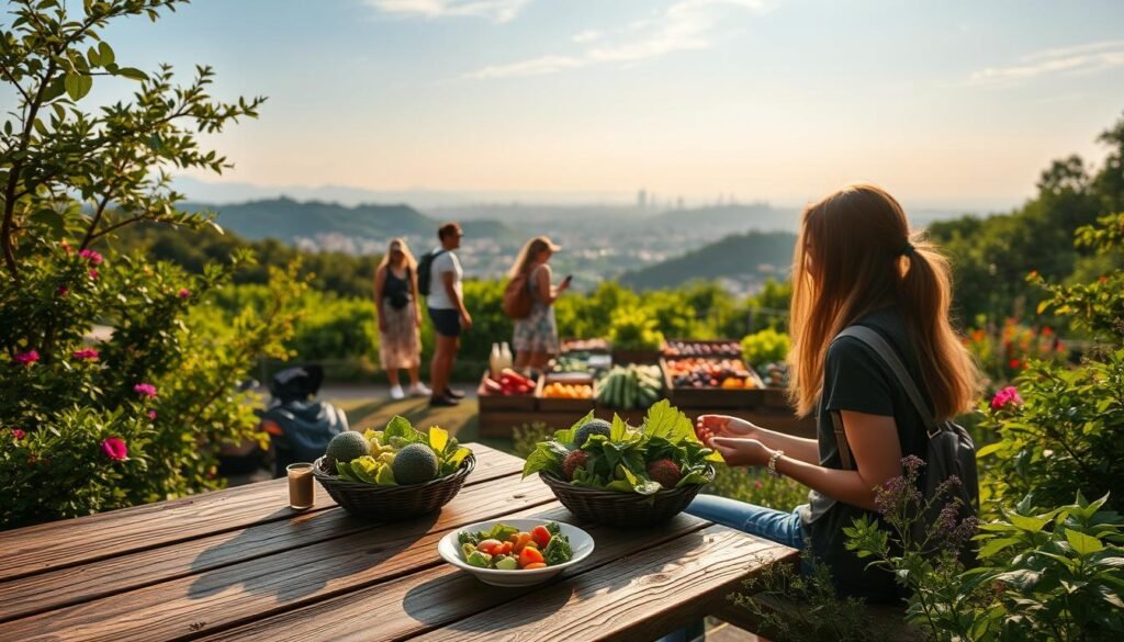 A serene outdoor scene depicting sustainable travel practices. In the foreground, a person enjoys a plant-based meal at a rustic wooden table, surrounded by lush greenery and vibrant flowers. In the middle ground, a group of travelers explore a local farmer's market, selecting fresh, locally-sourced produce. In the background, a scenic vista of rolling hills and a distant city skyline, bathed in warm, golden-hour lighting. The overall mood is one of mindfulness, connection with nature, and a celebration of eco-friendly travel choices. A serene outdoor scene depicting sustainable travel practices. In the foreground, a person enjoys a plant-based meal at a rustic wooden table, surrounded by lush greenery and vibrant flowers. In the middle ground, a group of travelers explore a local farmer's market, selecting fresh, locally-sourced produce. In the background, a scenic vista of rolling hills and a distant city skyline, bathed in warm, golden-hour lighting. The overall mood is one of mindfulness, connection with nature, and a celebration of eco-friendly travel choices.