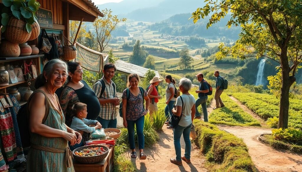 A serene village nestled amidst lush greenery, where locals and visitors mingle harmoniously. In the foreground, a family-owned shop showcases handcrafted souvenirs, its owner smiling warmly as they interact with a curious tourist. In the middle ground, a group of travelers helps a local farmer tend to the fields, exchanging knowledge and experiences. In the background, a breathtaking vista of rolling hills and a distant waterfall, capturing the essence of the community's natural beauty. The scene is bathed in soft, golden sunlight, radiating a sense of tranquility and mutual understanding. A serene village nestled amidst lush greenery, where locals and visitors mingle harmoniously. In the foreground, a family-owned shop showcases handcrafted souvenirs, its owner smiling warmly as they interact with a curious tourist. In the middle ground, a group of travelers helps a local farmer tend to the fields, exchanging knowledge and experiences. In the background, a breathtaking vista of rolling hills and a distant waterfall, capturing the essence of the community's natural beauty. The scene is bathed in soft, golden sunlight, radiating a sense of tranquility and mutual understanding.