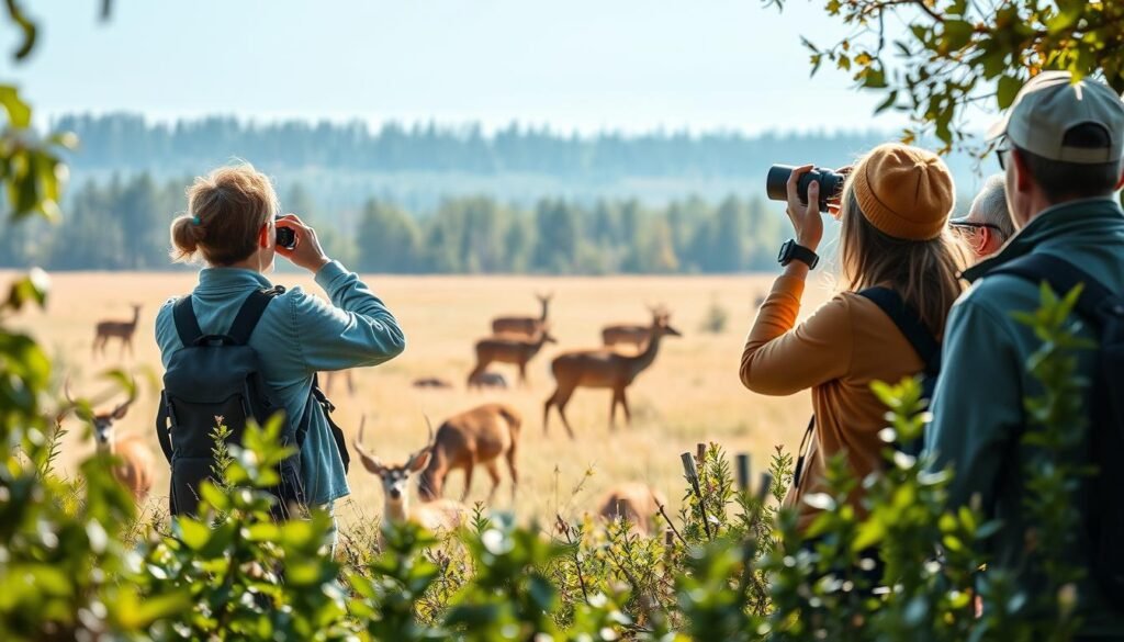 A serene wilderness landscape, with a group of tourists quietly observing a herd of grazing deer through high-quality binoculars. The scene is bathed in soft, diffused natural lighting, creating a tranquil and respectful atmosphere. In the foreground, lush vegetation frames the view, while the middle ground features the attentive visitors, their movements and voices muted. In the background, a pristine forest or meadow stretches out, providing a harmonious backdrop for the wildlife sighting. The overall composition conveys a sense of balance, where humans and nature coexist in a sustainable, ethical manner. Ethical Wildlife Tours: A serene wilderness landscape, with a group of tourists quietly observing a herd of grazing deer through high-quality binoculars. The scene is bathed in soft, diffused natural lighting, creating a tranquil and respectful atmosphere. In the foreground, lush vegetation frames the view, while the middle ground features the attentive visitors, their movements and voices muted. In the background, a pristine forest or meadow stretches out, providing a harmonious backdrop for the wildlife sighting. The overall composition conveys a sense of balance, where humans and nature coexist in a sustainable, ethical manner.