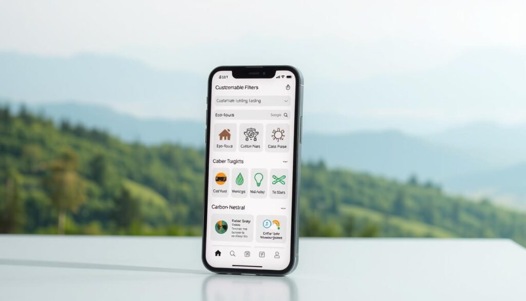 A sleek, minimalist mobile app interface showcasing eco-friendly travel features. In the foreground, a smartphone display depicts customizable filters for sustainable lodging, eco-tours, and carbon-neutral transportation options. The middle ground features intuitive icons and infographics highlighting each service, while the background depicts a serene natural landscape - a lush forest, rolling hills, or a coastal scene - to reinforce the app's environmentally conscious purpose. The overall lighting is soft and diffused, creating a calming, inviting atmosphere that encourages users to explore sustainable travel alternatives. A sleek, minimalist mobile app interface showcasing eco-friendly travel features. In the foreground, a smartphone display depicts customizable filters for sustainable lodging, eco-tours, and carbon-neutral transportation options. The middle ground features intuitive icons and infographics highlighting each service, while the background depicts a serene natural landscape - a lush forest, rolling hills, or a coastal scene - to reinforce the app's environmentally conscious purpose. The overall lighting is soft and diffused, creating a calming, inviting atmosphere that encourages users to explore sustainable travel alternatives.