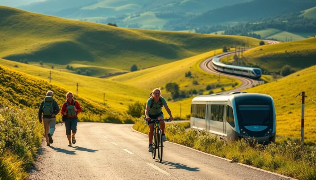 A sun-dappled countryside road winding through lush, rolling hills. In the foreground, a group of hikers carrying eco-friendly backpacks stride purposefully, their faces lit by a warm, golden glow. In the middle ground, a cyclist pedals a sleek, electric-assist bicycle down the picturesque lane, blending seamlessly with the natural landscape. In the distance, a high-speed electric train glides silently through a verdant valley, its streamlined form a testament to sustainable transportation. The scene exudes a sense of harmony, where human movement and the environment coexist in perfect balance. A sun-dappled countryside road winding through lush, rolling hills. In the foreground, a group of hikers carrying eco-friendly backpacks stride purposefully, their faces lit by a warm, golden glow. In the middle ground, a cyclist pedals a sleek, electric-assist bicycle down the picturesque lane, blending seamlessly with the natural landscape. In the distance, a high-speed electric train glides silently through a verdant valley, its streamlined form a testament to sustainable transportation. The scene exudes a sense of harmony, where human movement and the environment coexist in perfect balance.