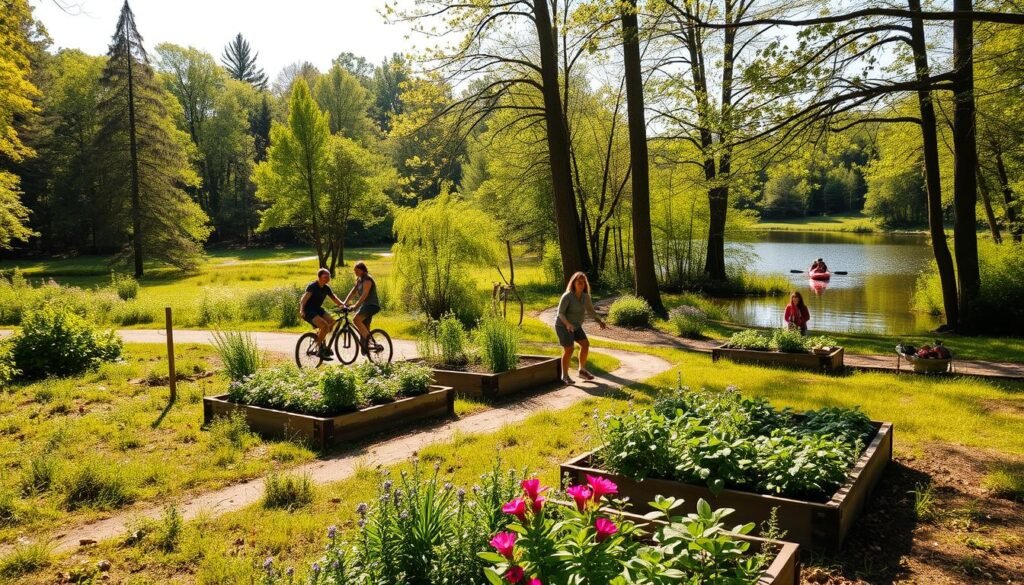 A sun-dappled forest clearing, with people engaged in various eco-friendly activities. In the foreground, a group of friends planting vibrant flowers and herbs in raised garden beds. In the middle ground, a couple cycling along a winding path, their faces lit by the warm, natural light. In the background, a picturesque lake surrounded by lush, verdant trees, where a family is kayaking, their paddles gently disturbing the calm waters. The atmosphere is one of tranquility and harmony, a celebration of the natural world and our connection to it. A sun-dappled forest clearing, with people engaged in various eco-friendly activities. In the foreground, a group of friends planting vibrant flowers and herbs in raised garden beds. In the middle ground, a couple cycling along a winding path, their faces lit by the warm, natural light. In the background, a picturesque lake surrounded by lush, verdant trees, where a family is kayaking, their paddles gently disturbing the calm waters. The atmosphere is one of tranquility and harmony, a celebration of the natural world and our connection to it.