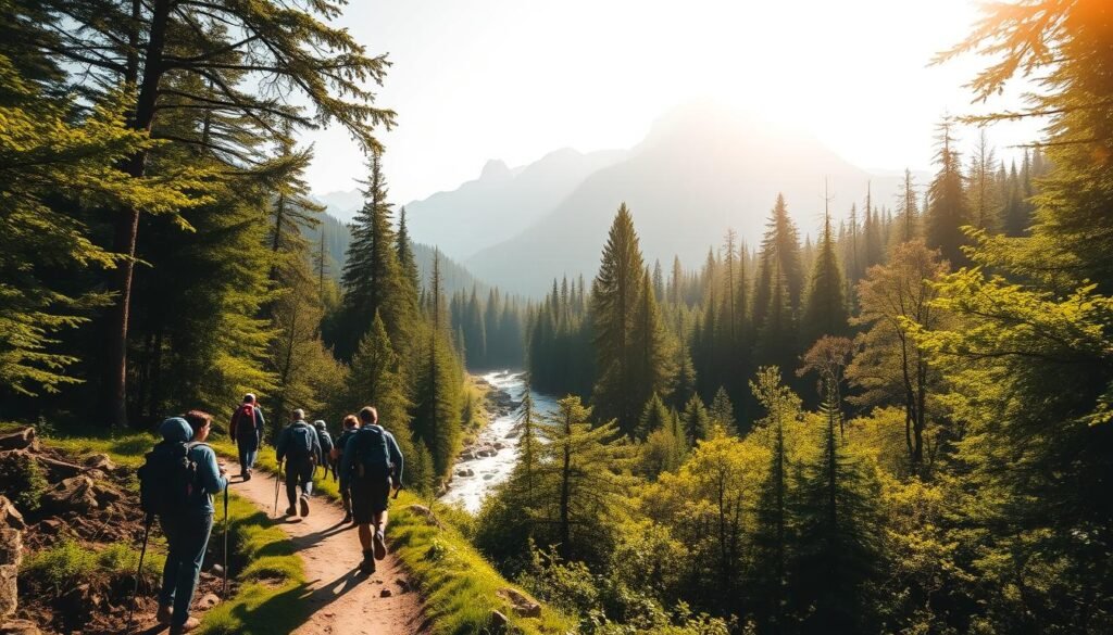 A sun-dappled forest trail, hikers exploring the lush, verdant landscape. In the foreground, a group of adventurers respectfully navigating a winding path, their backpacks and hiking gear suggesting a journey of discovery. The middle ground reveals a tranquil mountain stream, its crystal-clear waters reflecting the towering peaks in the background. Warm, golden light filters through the canopy, casting a serene, ethereal glow over the scene. The atmosphere exudes a sense of wonder, inviting the viewer to embark on a responsible, enriching travel experience amidst nature's grandeur. A sun-dappled forest trail, hikers exploring the lush, verdant landscape. In the foreground, a group of adventurers respectfully navigating a winding path, their backpacks and hiking gear suggesting a journey of discovery. The middle ground reveals a tranquil mountain stream, its crystal-clear waters reflecting the towering peaks in the background. Warm, golden light filters through the canopy, casting a serene, ethereal glow over the scene. The atmosphere exudes a sense of wonder, inviting the viewer to embark on a responsible, enriching travel experience amidst nature's grandeur.