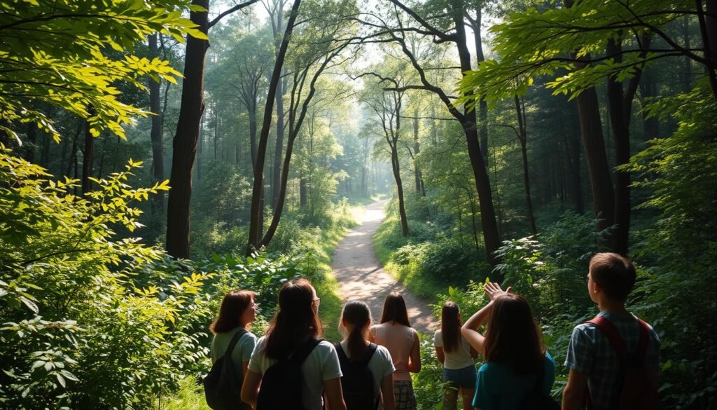 A tranquil forest clearing, bathed in soft, natural light. In the foreground, a group of students intently observing a naturalist guide, who gestures towards the lush, verdant foliage surrounding them. The middle ground reveals a winding trail leading deeper into the wilderness, inviting exploration. Towering trees form a canopy overhead, casting dappled shadows that dance across the scene. The atmosphere is one of quiet contemplation and intellectual curiosity, as the students immerse themselves in the educational wonders of this ecotourism experience. A tranquil forest clearing, bathed in soft, natural light. In the foreground, a group of students intently observing a naturalist guide, who gestures towards the lush, verdant foliage surrounding them. The middle ground reveals a winding trail leading deeper into the wilderness, inviting exploration. Towering trees form a canopy overhead, casting dappled shadows that dance across the scene. The atmosphere is one of quiet contemplation and intellectual curiosity, as the students immerse themselves in the educational wonders of this ecotourism experience.