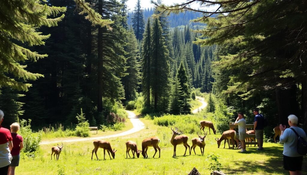 A tranquil forest clearing, sun-dappled and lush, where tourists gather to observe wildlife. In the foreground, a group of people silently watching as a family of deer grazes nearby, their movements graceful and unhurried. In the middle ground, a well-marked hiking trail winds through the undergrowth, leading deeper into the verdant landscape. The background is dominated by towering evergreens, their branches casting a gentle, filtered light across the scene. The overall mood is one of calm contemplation, a celebration of the delicate balance between human presence and natural conservation efforts. Travel Experiences : A tranquil forest clearing, sun-dappled and lush, where tourists gather to observe wildlife. In the foreground, a group of people silently watching as a family of deer grazes nearby, their movements graceful and unhurried. In the middle ground, a well-marked hiking trail winds through the undergrowth, leading deeper into the verdant landscape. The background is dominated by towering evergreens, their branches casting a gentle, filtered light across the scene. The overall mood is one of calm contemplation, a celebration of the delicate balance between human presence and natural conservation efforts.