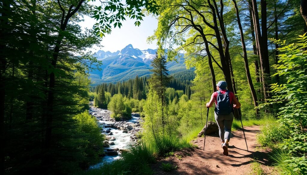A tranquil forest trail, dappled sunlight filtering through the verdant canopy. In the foreground, a hiker strides purposefully, their backpack and hiking poles suggesting a journey of discovery. The middle ground showcases a picturesque stream, its crystal-clear waters reflecting the lush surrounding greenery. In the distance, majestic mountains rise, their peaks capped with pristine snow. The scene conveys a sense of harmony between the human and the natural world, with an emphasis on sustainable exploration and a deep appreciation for the beauty of the great outdoors. A tranquil forest trail, dappled sunlight filtering through the verdant canopy. In the foreground, a hiker strides purposefully, their backpack and hiking poles suggesting a journey of discovery. The middle ground showcases a picturesque stream, its crystal-clear waters reflecting the lush surrounding greenery. In the distance, majestic mountains rise, their peaks capped with pristine snow. The scene conveys a sense of harmony between the human and the natural world, with an emphasis on sustainable exploration and a deep appreciation for the beauty of the great outdoors.