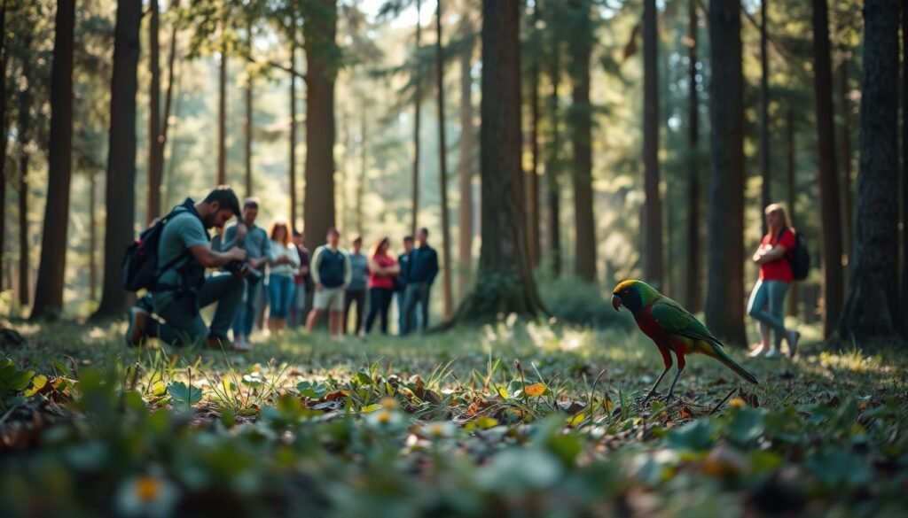 A tranquil wildlife photography workshop nestled in a serene forest clearing. In the foreground, a photographer kneels with a large camera, focusing intently on a vibrant bird perched nearby. The middle ground showcases a group of students gathered around, observing and learning the art of capturing the beauty of nature. In the background, tall trees with dappled sunlight filter through, creating a warm, inviting atmosphere. The scene is bathed in soft, natural lighting, accentuating the colors and textures of the environment. The overall mood is one of peaceful exploration and immersion in the wild, inspiring a sense of wonder and appreciation for the natural world. A tranquil wildlife photography workshop nestled in a serene forest clearing. In the foreground, a photographer kneels with a large camera, focusing intently on a vibrant bird perched nearby. The middle ground showcases a group of students gathered around, observing and learning the art of capturing the beauty of nature. In the background, tall trees with dappled sunlight filter through, creating a warm, inviting atmosphere. The scene is bathed in soft, natural lighting, accentuating the colors and textures of the environment. The overall mood is one of peaceful exploration and immersion in the wild, inspiring a sense of wonder and appreciation for the natural world.