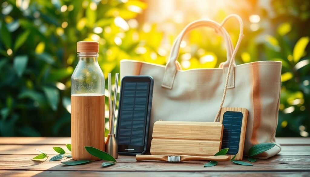 A vibrant, eco-friendly still life showcasing an assortment of sustainable travel accessories. In the foreground, a bamboo water bottle, a reusable metal straw, and a foldable tote bag made from organic cotton. In the middle ground, a compact solar-powered phone charger and a biodegradable toothbrush with a bamboo handle. The background features lush, verdant foliage, hinting at the natural world these items are designed to protect. Warm, natural lighting casts a gentle glow, emphasizing the earthy tones and premium materials. The overall composition conveys a sense of mindful, responsible travel that minimizes environmental impact. A vibrant, eco-friendly still life showcasing an assortment of sustainable travel accessories. In the foreground, a bamboo water bottle, a reusable metal straw, and a foldable tote bag made from organic cotton. In the middle ground, a compact solar-powered phone charger and a biodegradable toothbrush with a bamboo handle. The background features lush, verdant foliage, hinting at the natural world these items are designed to protect. Warm, natural lighting casts a gentle glow, emphasizing the earthy tones and premium materials. The overall composition conveys a sense of mindful, responsible travel that minimizes environmental impact.