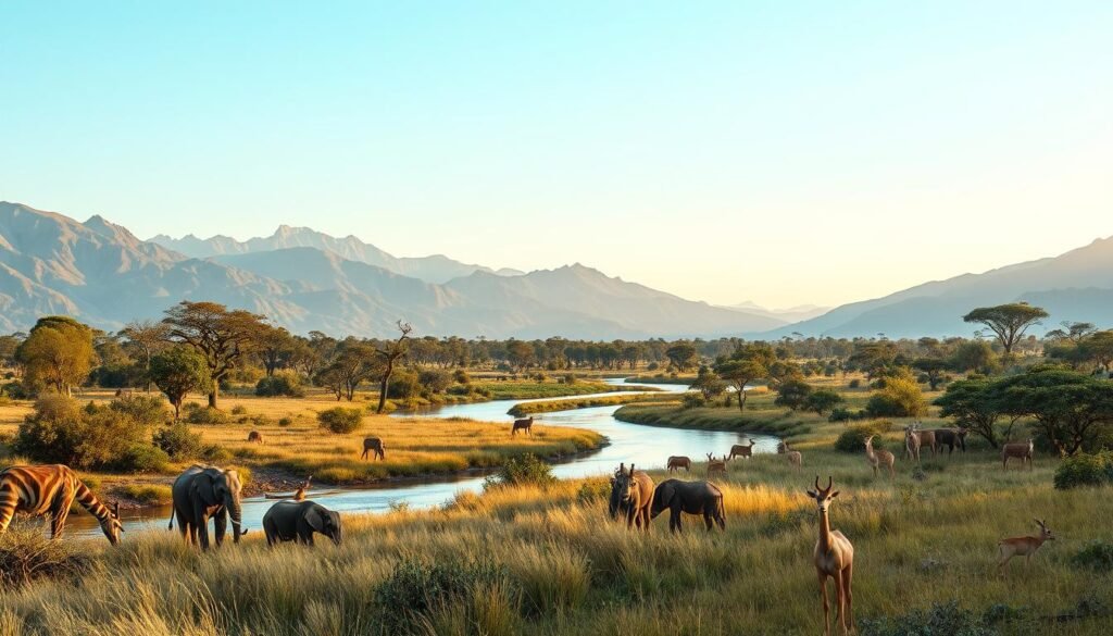 A vibrant landscape of lush greenery and diverse wildlife, captured through the lens of a high-resolution camera with a wide-angle lens. In the foreground, a group of animals, such as elephants, giraffes, and gazelles, graze peacefully, their movements frozen in time. The middle ground showcases a pristine river winding through the scene, its banks lined with tall grasses and towering trees. In the background, majestic mountains rise, their peaks bathed in warm, golden sunlight, creating a serene and awe-inspiring atmosphere. The overall mood is one of tranquility and harmony, conveying the importance of wildlife conservation and the beauty of the natural world. A vibrant landscape of lush greenery and diverse wildlife, captured through the lens of a high-resolution camera with a wide-angle lens. In the foreground, a group of animals, such as elephants, giraffes, and gazelles, graze peacefully, their movements frozen in time. The middle ground showcases a pristine river winding through the scene, its banks lined with tall grasses and towering trees. In the background, majestic mountains rise, their peaks bathed in warm, golden sunlight, creating a serene and awe-inspiring atmosphere. The overall mood is one of tranquility and harmony, conveying the importance of wildlife conservation and the beauty of the natural world.