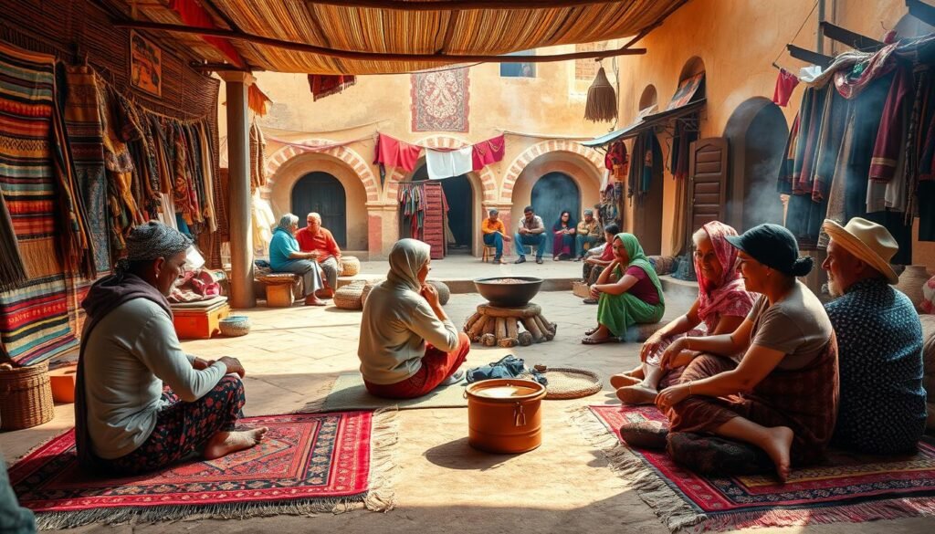 A vibrant scene of an ethical travel experience, capturing the essence of engaging with local communities. In the foreground, a group of travelers sit on handwoven rugs, interacting with a local artisan as they learn the intricate techniques of traditional weaving. Soft, natural lighting filters through an open-air market, illuminating the rich hues of handcrafted textiles and wares. In the middle ground, locals gather around a communal fire, sharing stories and laughter. The background showcases the vibrant architecture of the community, with earthy tones and intricate patterns reflecting the local culture. An atmosphere of mutual understanding and cultural exchange permeates the scene, inviting the viewer to immerse themselves in the authentic and enriching experience. A vibrant scene of an ethical travel experience, capturing the essence of engaging with local communities. In the foreground, a group of travelers sit on handwoven rugs, interacting with a local artisan as they learn the intricate techniques of traditional weaving. Soft, natural lighting filters through an open-air market, illuminating the rich hues of handcrafted textiles and wares. In the middle ground, locals gather around a communal fire, sharing stories and laughter. The background showcases the vibrant architecture of the community, with earthy tones and intricate patterns reflecting the local culture. An atmosphere of mutual understanding and cultural exchange permeates the scene, inviting the viewer to immerse themselves in the authentic and enriching experience.