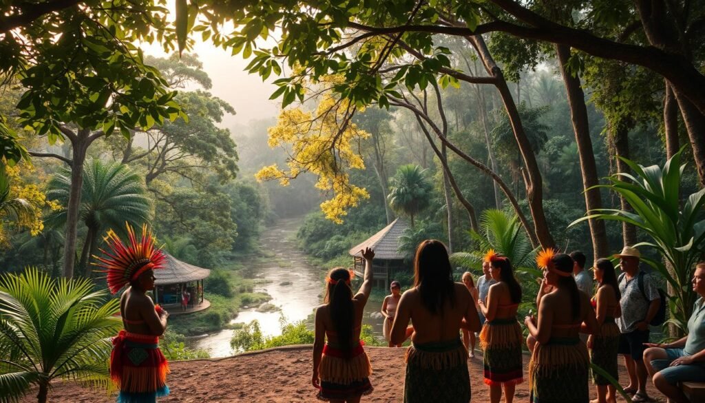 A vibrant scene of ecotourism in the heart of the Amazon rainforest. In the foreground, a group of indigenous people in traditional attire engage in a lively cultural performance, their vibrant colors and intricate movements captivating the attention of a small gathering of awestruck tourists. The middle ground reveals a thatched-roof lodge nestled amidst the lush, verdant foliage, with a winding river cutting through the landscape. In the background, towering trees and verdant canopies create a serene, awe-inspiring backdrop, bathed in warm, golden sunlight filtering through the leaves. The overall atmosphere is one of immersive cultural exchange, environmental preservation, and a deep connection to the natural world. A vibrant scene of ecotourism in the heart of the Amazon rainforest. In the foreground, a group of indigenous people in traditional attire engage in a lively cultural performance, their vibrant colors and intricate movements captivating the attention of a small gathering of awestruck tourists. The middle ground reveals a thatched-roof lodge nestled amidst the lush, verdant foliage, with a winding river cutting through the landscape. In the background, towering trees and verdant canopies create a serene, awe-inspiring backdrop, bathed in warm, golden sunlight filtering through the leaves. The overall atmosphere is one of immersive cultural exchange, environmental preservation, and a deep connection to the natural world.