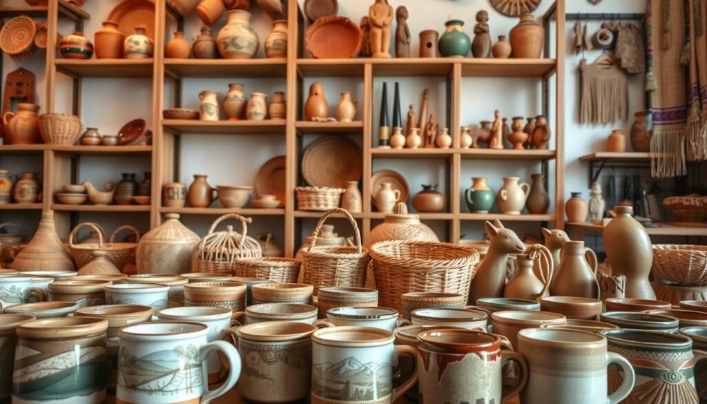 A well-lit, artisanal display of handcrafted local goods. In the foreground, an array of uniquely shaped ceramic mugs, each bearing intricate designs inspired by the regional landscape. In the middle ground, a selection of woven baskets in warm, earthy tones, showcasing the skilled craftsmanship of local artisans. The background features a rustic wooden shelving unit, adorned with handmade pottery, carved wooden figurines, and vibrant textiles that capture the essence of the local culture. The lighting is soft and natural, casting a gentle glow over the curated arrangement, creating an inviting and authentic atmosphere. A well-lit, artisanal display of handcrafted local goods. In the foreground, an array of uniquely shaped ceramic mugs, each bearing intricate designs inspired by the regional landscape. In the middle ground, a selection of woven baskets in warm, earthy tones, showcasing the skilled craftsmanship of local artisans. The background features a rustic wooden shelving unit, adorned with handmade pottery, carved wooden figurines, and vibrant textiles that capture the essence of the local culture. The lighting is soft and natural, casting a gentle glow over the curated arrangement, creating an inviting and authentic atmosphere.