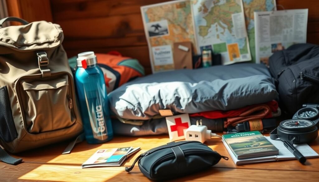A well-organized collection of essential items for volunteer travel, neatly arranged on a wooden surface bathed in warm, natural lighting. In the foreground, a sturdy backpack, a reusable water bottle, and a first-aid kit stand ready. In the middle ground, a folded sleeping bag, a lightweight rain jacket, and a universal power adapter peek out. The background features a map, a guidebook, and a compass, hinting at the adventures to come. The overall scene conveys a sense of preparedness and excitement, capturing the spirit of the "Preparing for Your Volunteer Experience" section. A well-organized collection of essential items for volunteer travel, neatly arranged on a wooden surface bathed in warm, natural lighting. In the foreground, a sturdy backpack, a reusable water bottle, and a first-aid kit stand ready. In the middle ground, a folded sleeping bag, a lightweight rain jacket, and a universal power adapter peek out. The background features a map, a guidebook, and a compass, hinting at the adventures to come. The overall scene conveys a sense of preparedness and excitement, capturing the spirit of the "Preparing for Your Volunteer Experience" section.