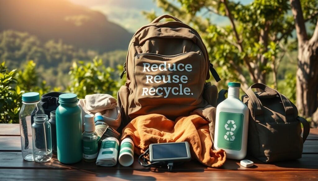 A well-packed eco-friendly travel bag resting on a wooden surface, bathed in warm, natural lighting. In the foreground, reusable water bottles, biodegradable toiletries, and a compact solar charger neatly arranged. In the middle, a minimalist backpack with prominent "reduce, reuse, recycle" graphics, surrounded by neatly folded clothing in earthy tones. In the background, lush greenery and a glimpse of a scenic mountain vista, conveying a sense of adventure and harmony with nature. The overall atmosphere is one of simplicity, sustainability, and the freedom of light travel. A well-packed eco-friendly travel tips bag resting on a wooden surface, bathed in warm, natural lighting. In the foreground, reusable water bottles, biodegradable toiletries, and a compact solar charger neatly arranged. In the middle, a minimalist backpack with prominent "reduce, reuse, recycle" graphics, surrounded by neatly folded clothing in earthy tones. In the background, lush greenery and a glimpse of a scenic mountain vista, conveying a sense of adventure and harmony with nature. The overall atmosphere is one of simplicity, sustainability, and the freedom of light travel.
