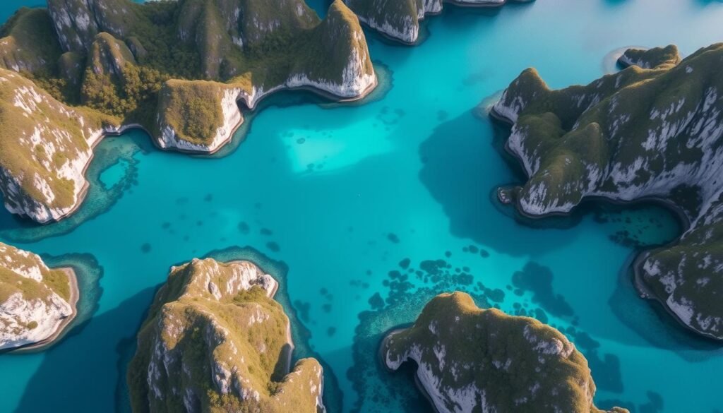 Aerial view of Coron's stunning lagoons and limestone formations, a top sustainable travel destination in the Philippines