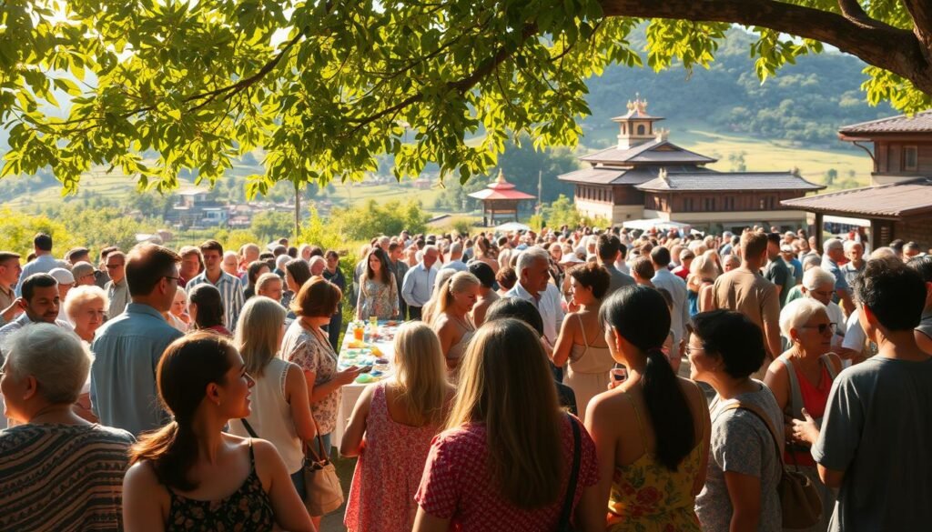 An expansive community gathering, bathed in warm sunlight filtering through lush greenery. In the foreground, people of diverse ages and backgrounds converse animatedly, sharing stories and forging connections. The middle ground showcases a vibrant outdoor market, bustling with locally-sourced wares and artisanal crafts. In the background, traditional architecture and verdant landscapes create a picturesque setting, highlighting the harmony between the community and its natural surroundings. The scene exudes a sense of inclusivity, collaboration, and the profound impact of community-based tourism on local culture and economies. An expansive community gathering, bathed in warm sunlight filtering through lush greenery. In the foreground, people of diverse ages and backgrounds converse animatedly, sharing stories and forging connections. The middle ground showcases a vibrant outdoor market, bustling with locally-sourced wares and artisanal crafts. In the background, traditional architecture and verdant landscapes create a picturesque setting, highlighting the harmony between the community and its natural surroundings. The scene exudes a sense of inclusivity, collaboration, and the profound impact of community-based tourism on local culture and economies.