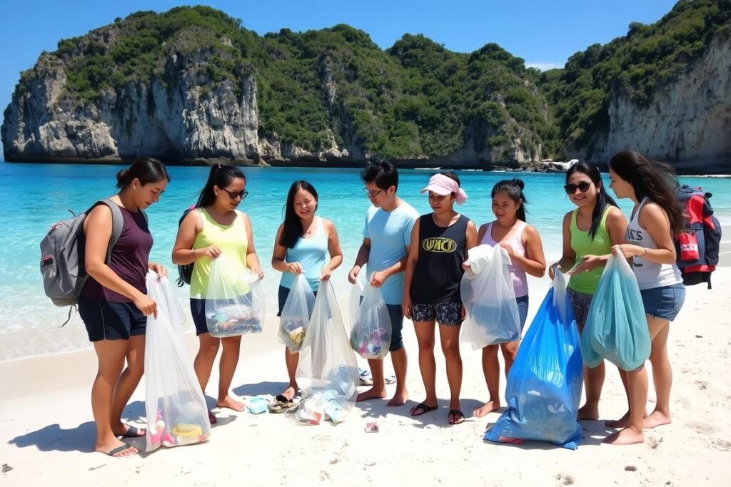 Beach cleanup activity in the Philippines with volunteers collecting plastic waste from a beautiful shoreline