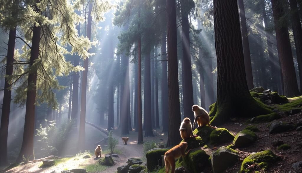 Cedar forest in Ifrane National Park with Barbary macaques in their natural habitat - ecotourism in Morocco Cedar forest in Ifrane National Park with Barbary macaques in their natural habitat - ecotourism in Morocco