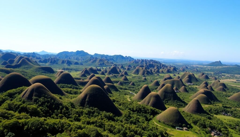 Chocolate Hills of Bohol with lush green vegetation, showcasing the island's unique natural landscape