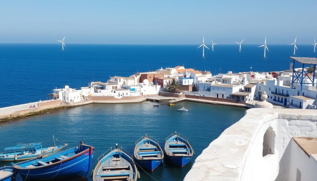 Coastal view of Essaouira with traditional fishing boats and wind turbines in the distance - ecotourism in Morocco Coastal view of Essaouira with traditional fishing boats and wind turbines in the distance - ecotourism in Morocco