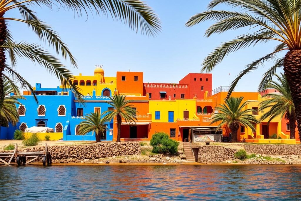 Colorful Nubian village houses along the Nile River, cultural component of Egypt ecotourism Colorful Nubian village houses along the Nile River, cultural component of Egypt ecotourism