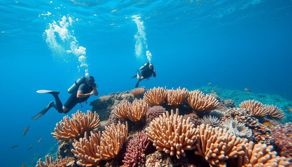 Eco-friendly diving at a coral reef in the Red Sea, a key attraction for ecotourism in Egypt Eco-friendly diving at a coral reef in the Red Sea, a key attraction for ecotourism in Egypt