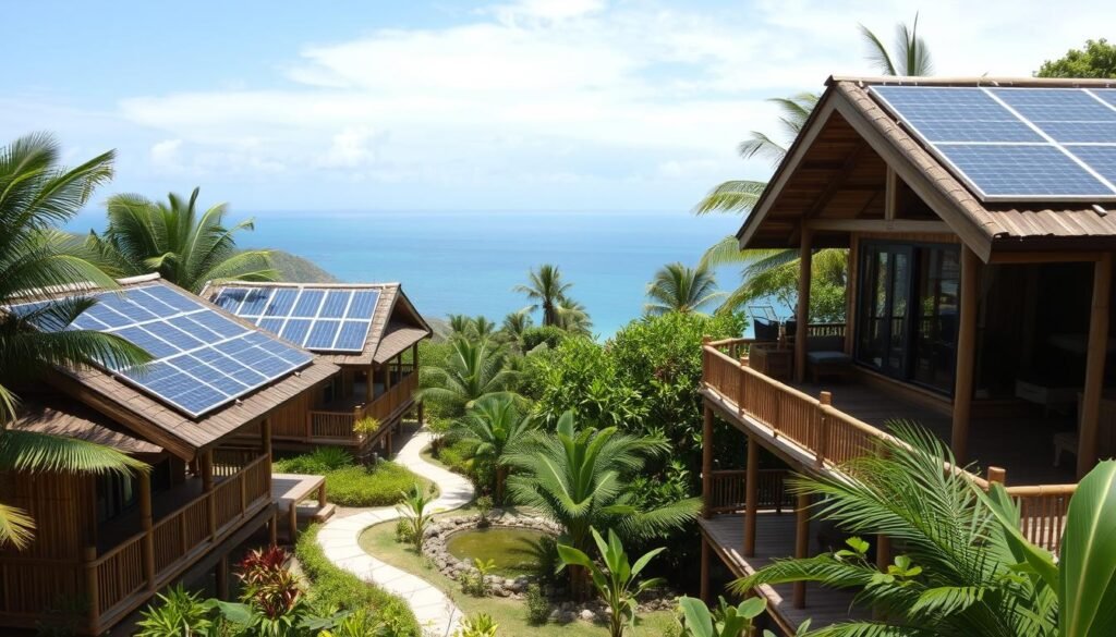Eco-friendly resort in the Philippines with sustainable bamboo architecture integrated with natural surroundings