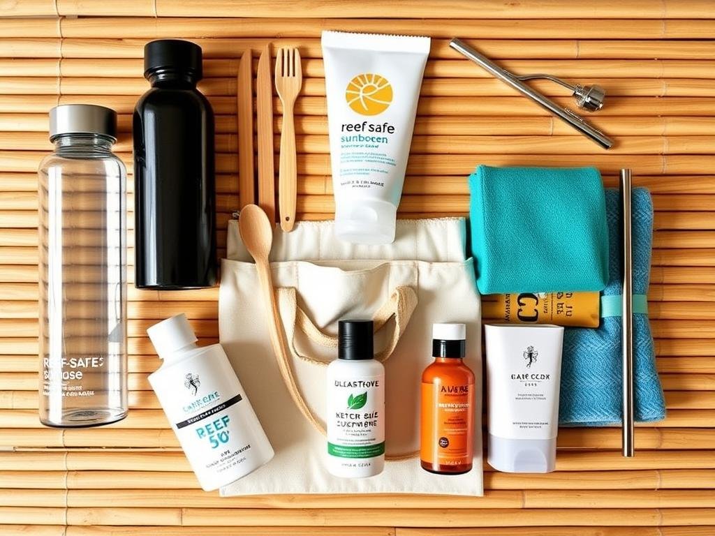 Eco-friendly travel essentials laid out for a sustainable travel Philippines adventure Eco-friendly travel essentials laid out for a sustainable travel Philippines adventure