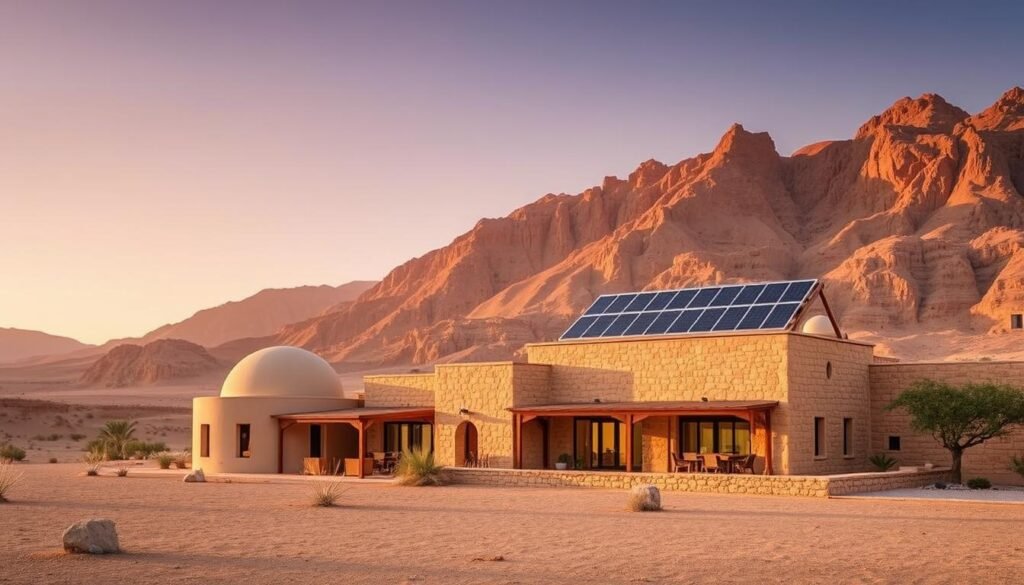 Eco-lodge in Egyptian desert with sustainable architecture blending with natural surroundings, a cornerstone of Egypt ecotourism Eco-lodge in Egyptian desert with sustainable architecture blending with natural surroundings, a cornerstone of Egypt ecotourism