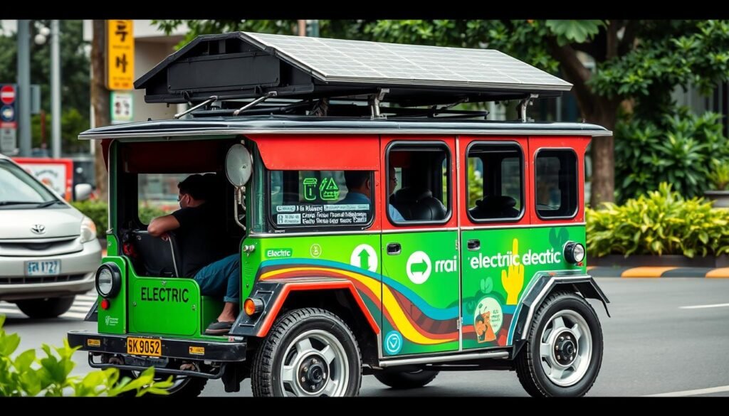 Electric jeepney in Manila representing sustainable transportation options in the Philippines Electric jeepney in Manila representing sustainable transportation options in the Philippines
