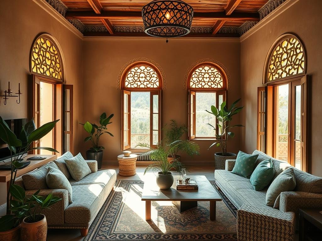 Interior of a sustainable eco-lodge in Morocco showing traditional design with modern eco-friendly elements Interior of a sustainable eco-lodge in Morocco showing traditional design with modern eco-friendly elements
