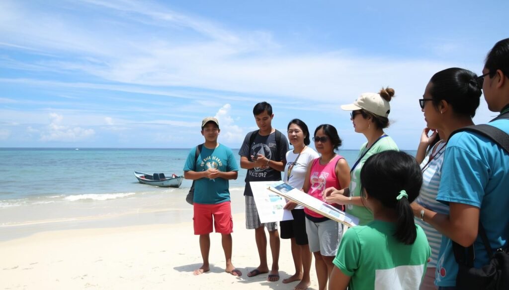 Local guides leading an educational tour about marine conservation in a Philippine coastal community practicing sustainable travel Philippines Local guides leading an educational tour about marine conservation in a Philippine coastal community practicing sustainable travel Philippines