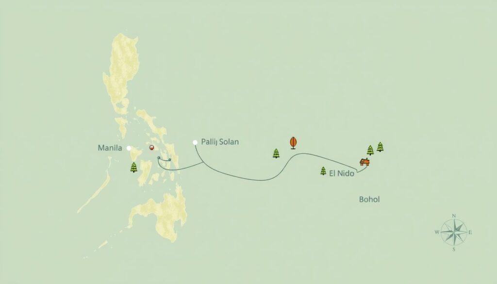 Map of Philippines highlighting sustainable travel route from Manila to Palawan and Bohol Map of Philippines highlighting sustainable travel route from Manila to Palawan and Bohol